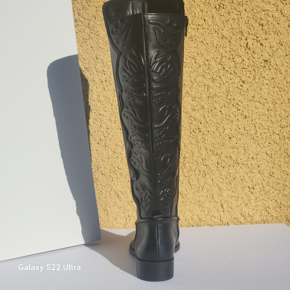 Gianni Bini Women's Embroidered Black Leather Full Zip Riding Boots Size 5